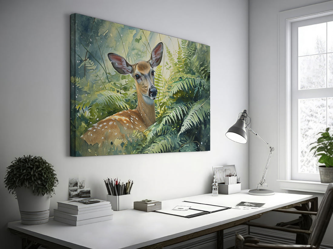 Framed canvas print of a realistic deer in a verdant forest setting, highlighted with shades of green and brown