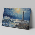 Framed canvas print of a vibrant impasto painting featuring a lighthouse at sunset with dynamic ocean waves