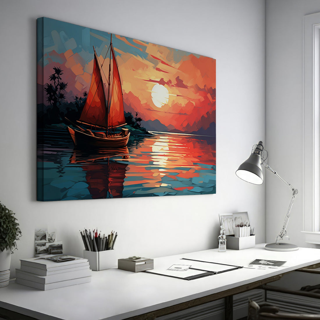 Framed canvas print of a stylised sunset seascape with a sailboat