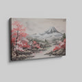 Framed canvas print of a serene landscape with cherry blossoms and a mountain