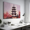 Framed canvas print of a tranquil pagoda with cherry blossoms in soft pastel hues