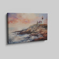 Framed canvas print of an impressionist lighthouse at sunset with vibrant colours