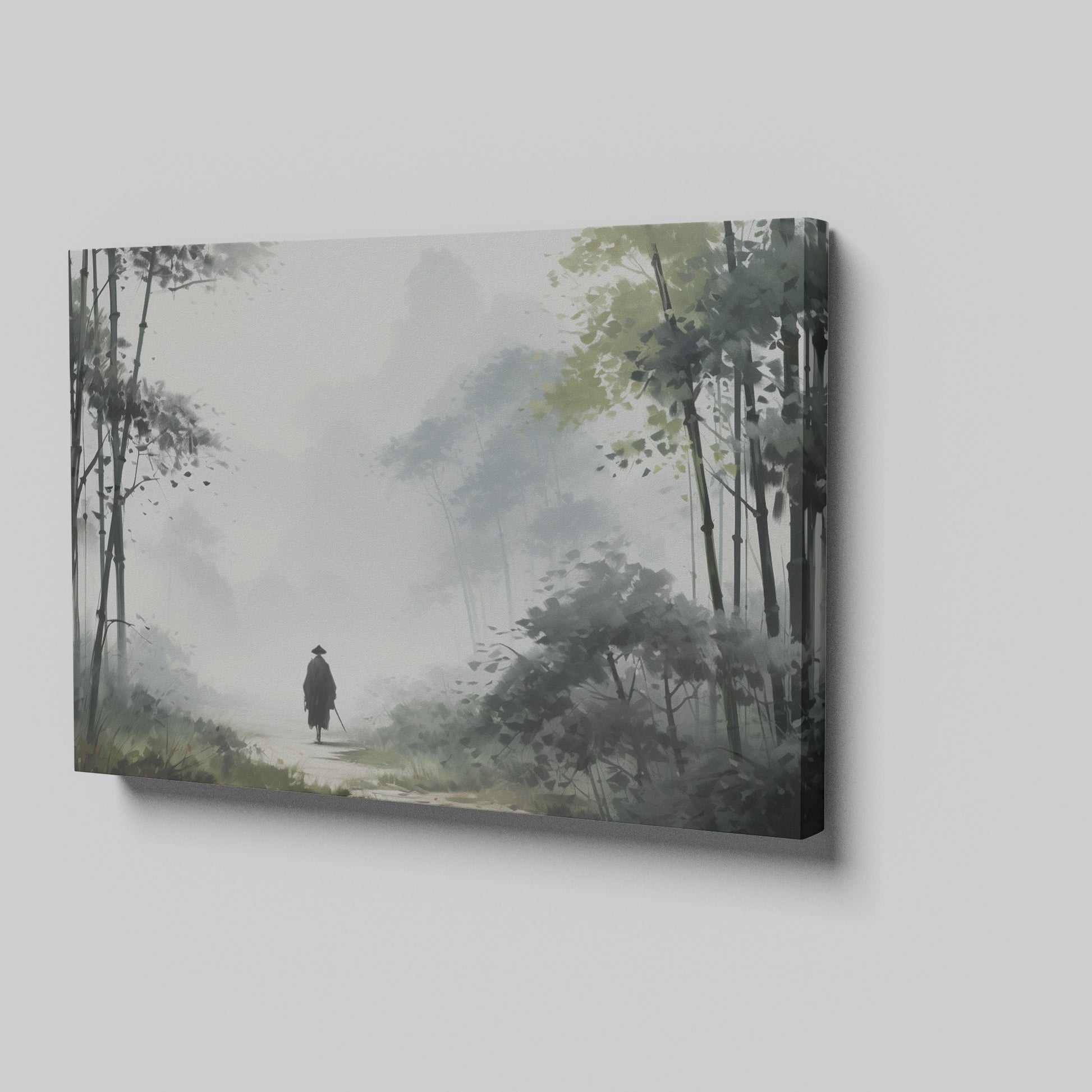 Framed canvas print featuring a solitary figure walking through a misty, ethereal bamboo forest cast in a monochrome colour scheme