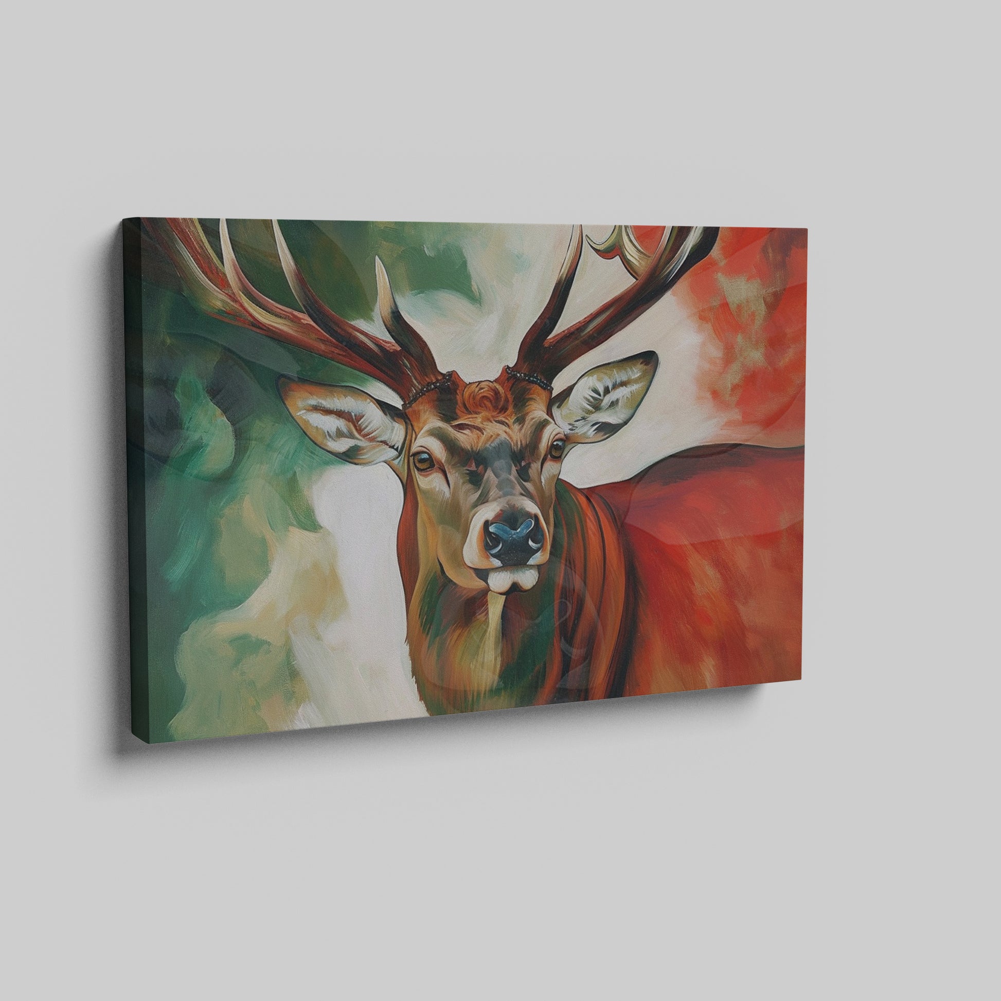 Framed canvas print of an impressionist stag portrait with vibrant red and green tones