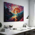 Framed canvas print of a vibrant autumnal landscape with sunset, serene lake, and colourful tree