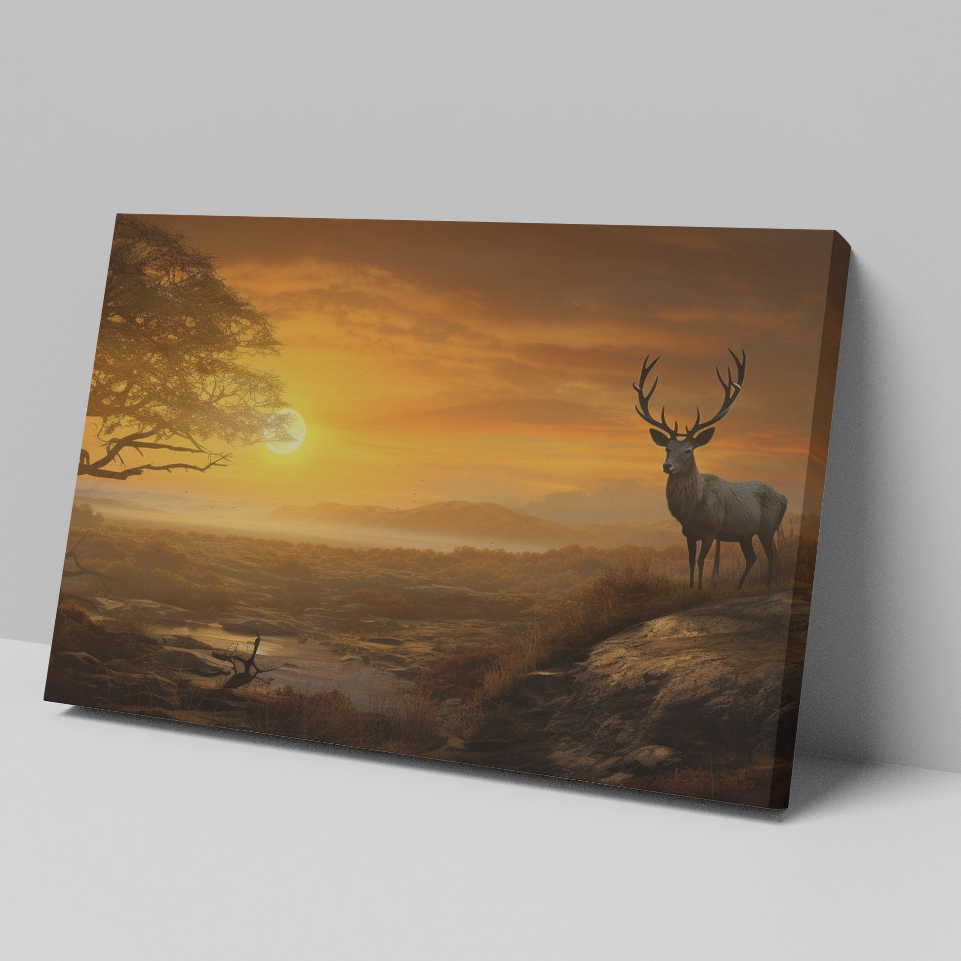 Framed canvas print of a majestic stag in a savanna sunset landscape with warm orange hues