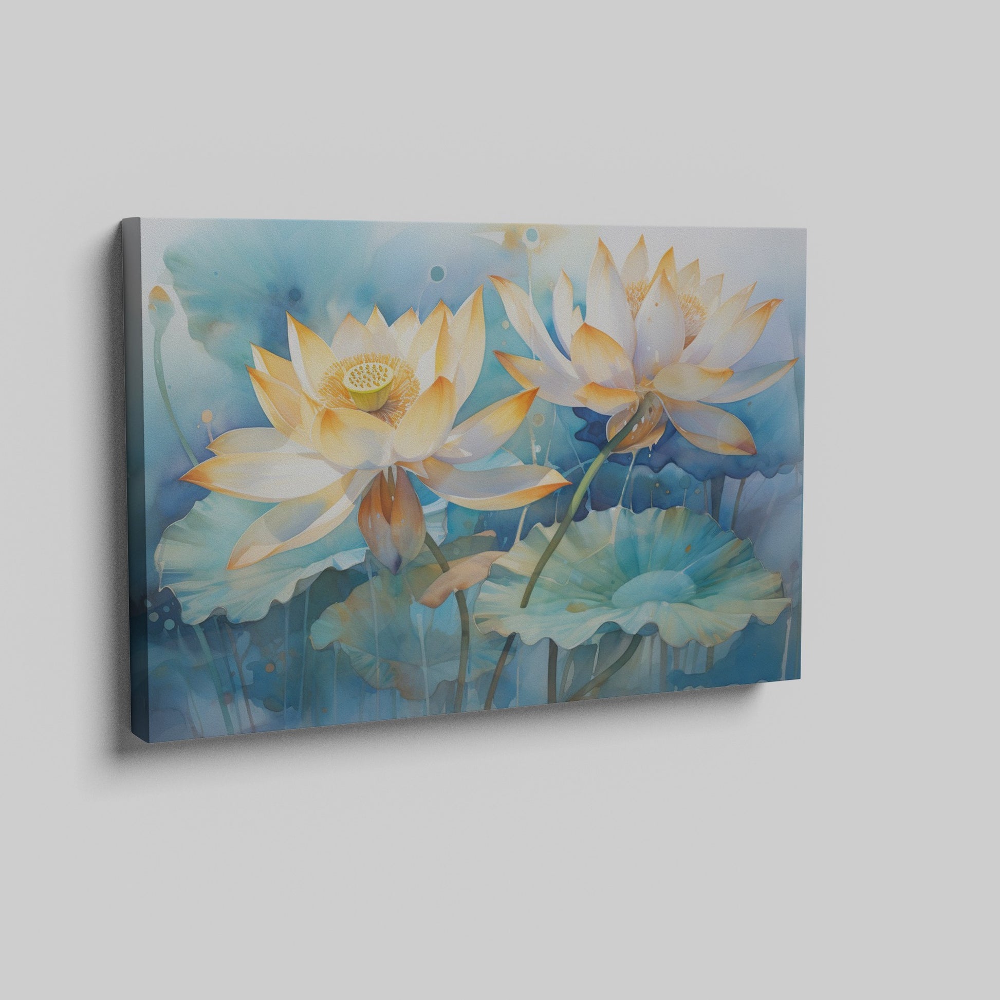 Framed canvas print of tranquil watercolor lotus flowers with pastel hues on a serene blue background