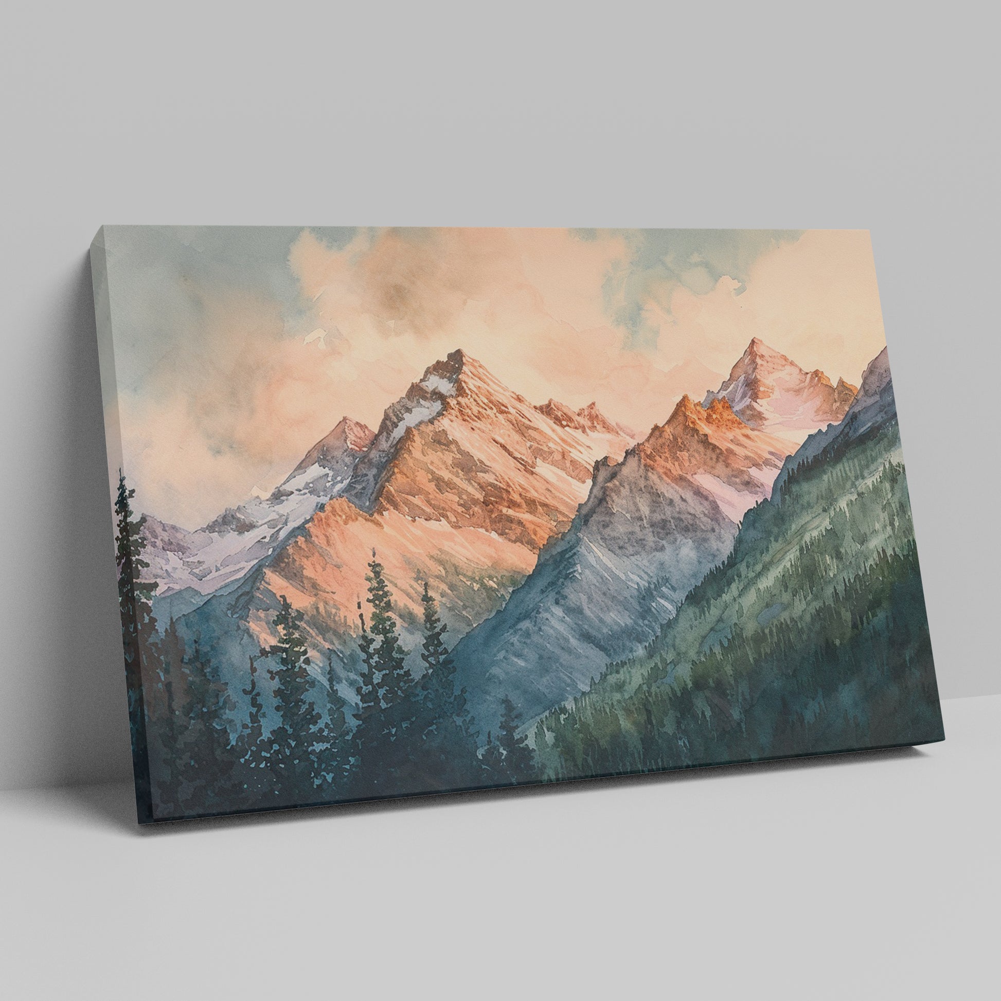 Framed canvas print of a serene watercolour mountain landscape with sunset hues