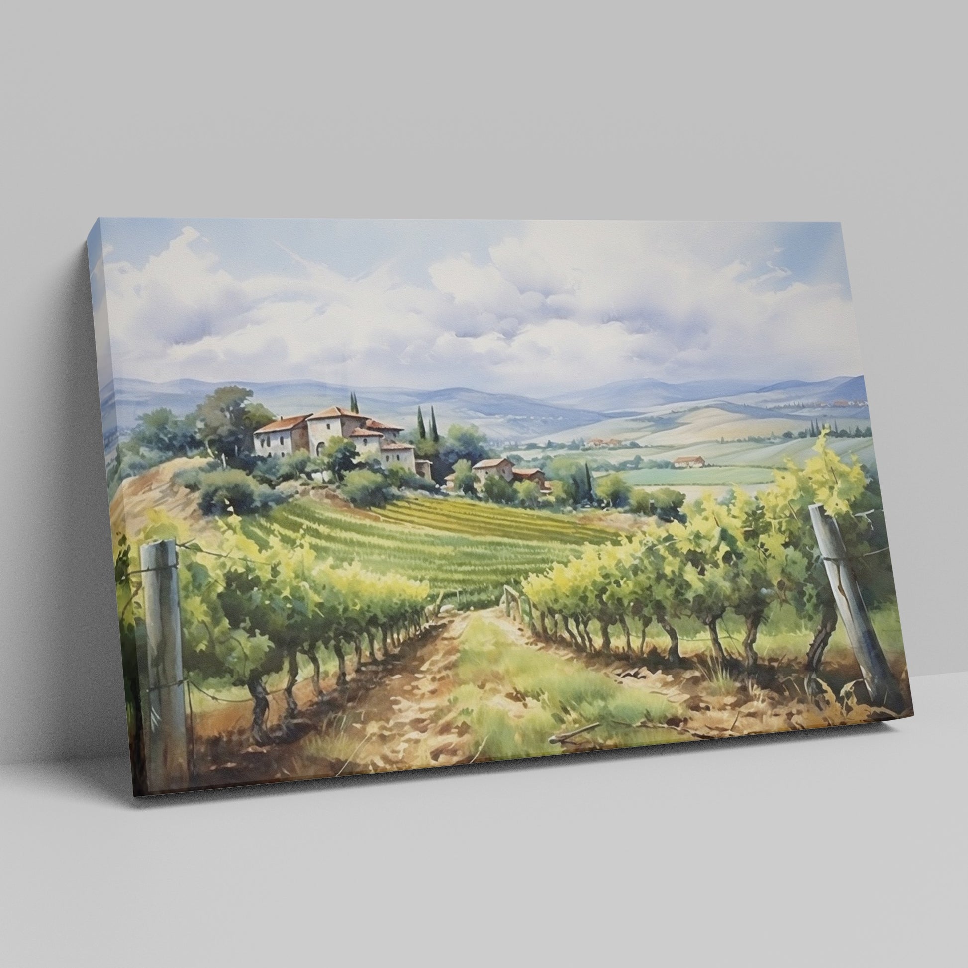 Framed canvas print of a lush Tuscan vineyard landscape with green vine rows and rustic farmhouse