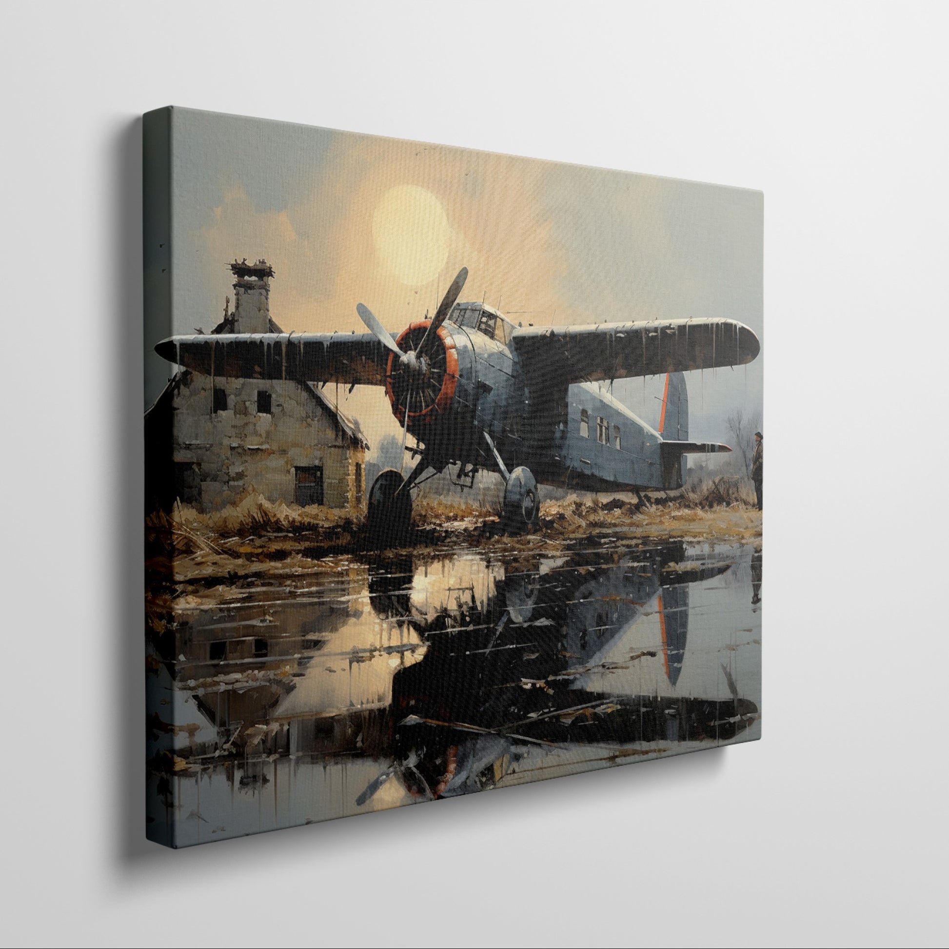 Framed canvas print of vintage airplane with warm sunset reflection on airfield