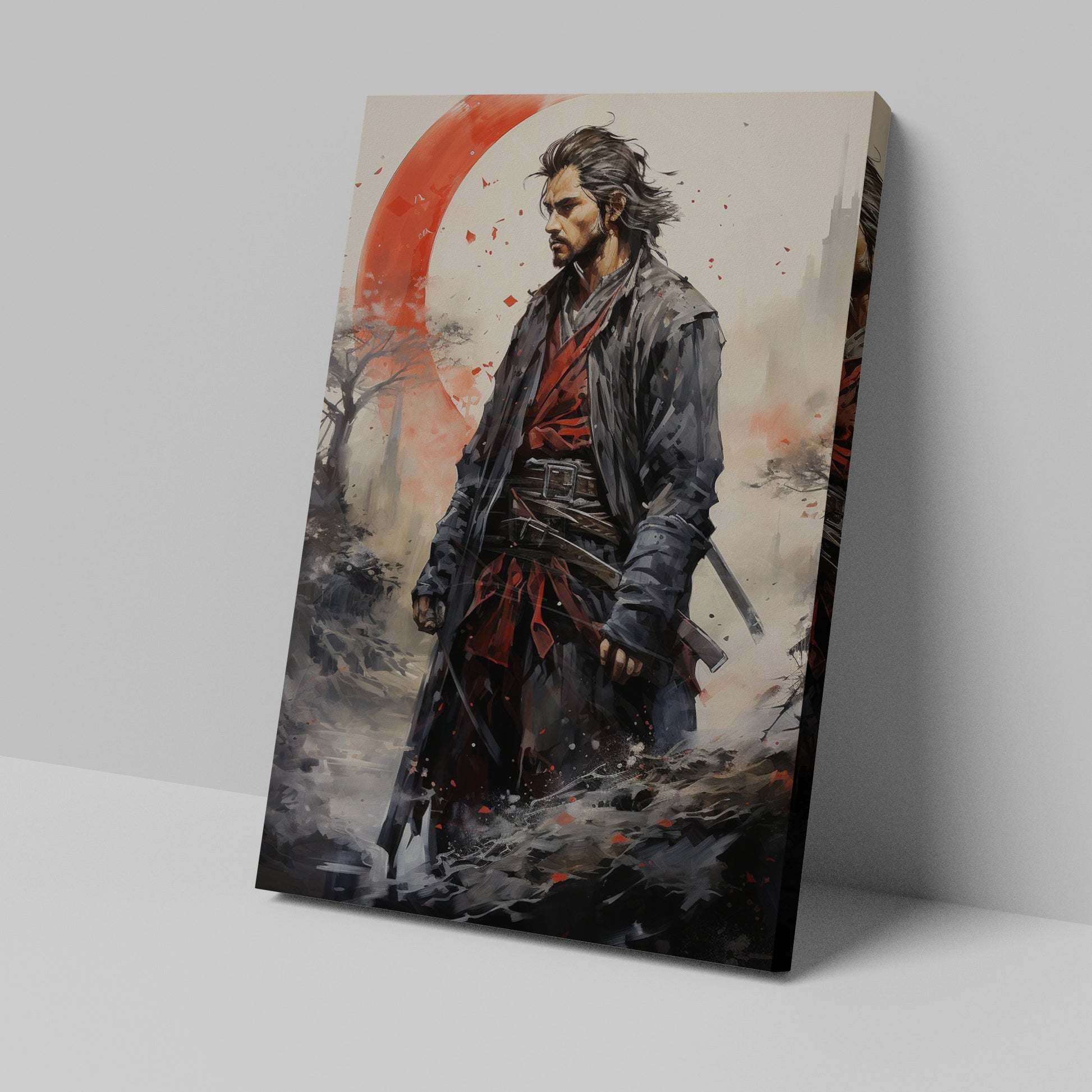 Framed canvas print of a samurai warrior in traditional Japanese attire with a red crescent background