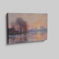 Framed canvas print of an Impressionist-style landscape with a sunset reflecting on a river