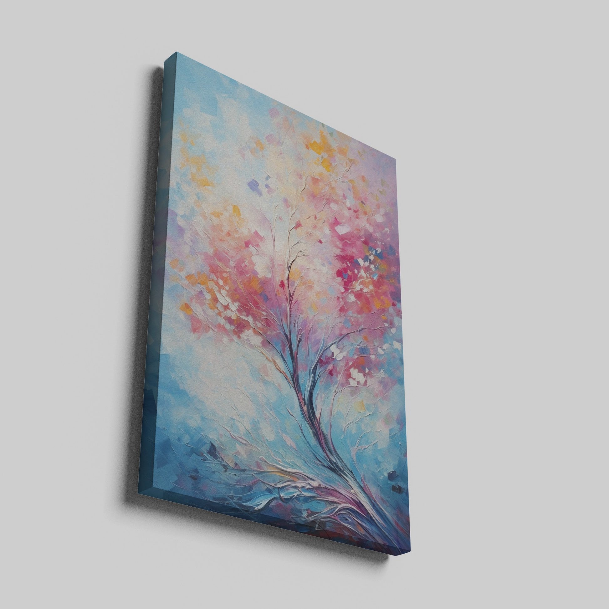 Framed canvas print of an abstract impressionist tree with vibrant pink, orange, and blue colours