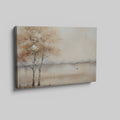 Framed canvas print of misty autumnal river scene with leafless trees and bird in flight