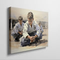 Framed canvas print of young karate students practicing in a dojo setting with warm neutral tones