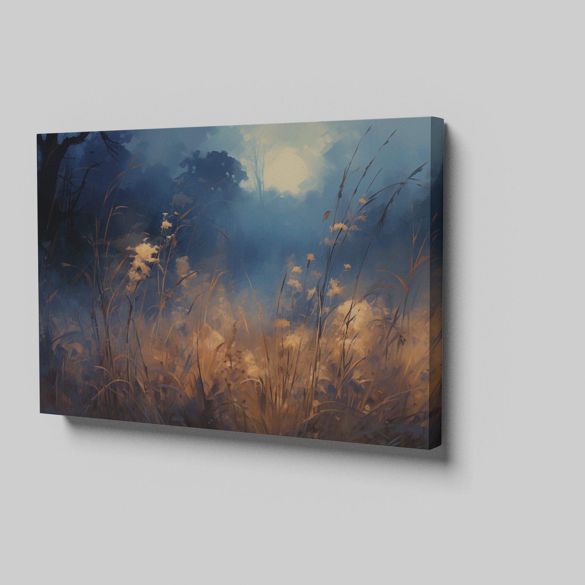 Framed canvas print of an impressionist landscape depicting a misty wilderness at sunrise with a blue and gold colour scheme