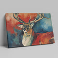 Framed canvas print of a vibrant, expressive deer with bold red and blue colours