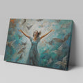 Framed canvas print of a woman joyfully embracing surrounded by impressionist styled birds