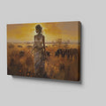 Framed canvas print of a figure in traditional attire at sunset with a savannah wildlife scene