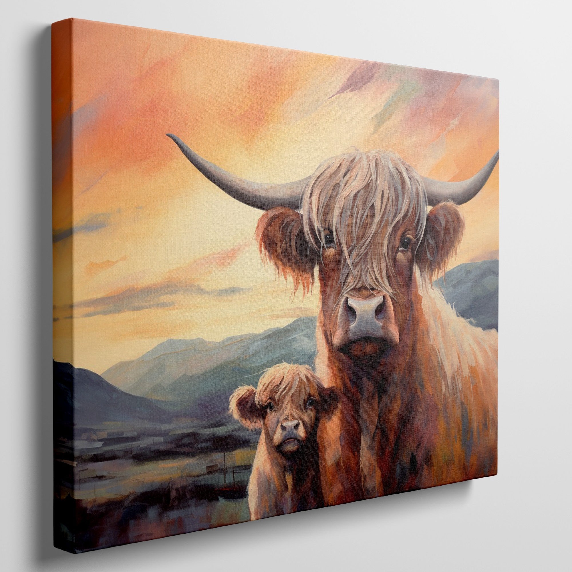 Framed canvas print of Highland cattle with calf at sunset, warm tones and mountain backdrop