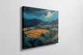 Framed canvas print of a moonlit countryside scene with vibrant fields and rustic homesteads