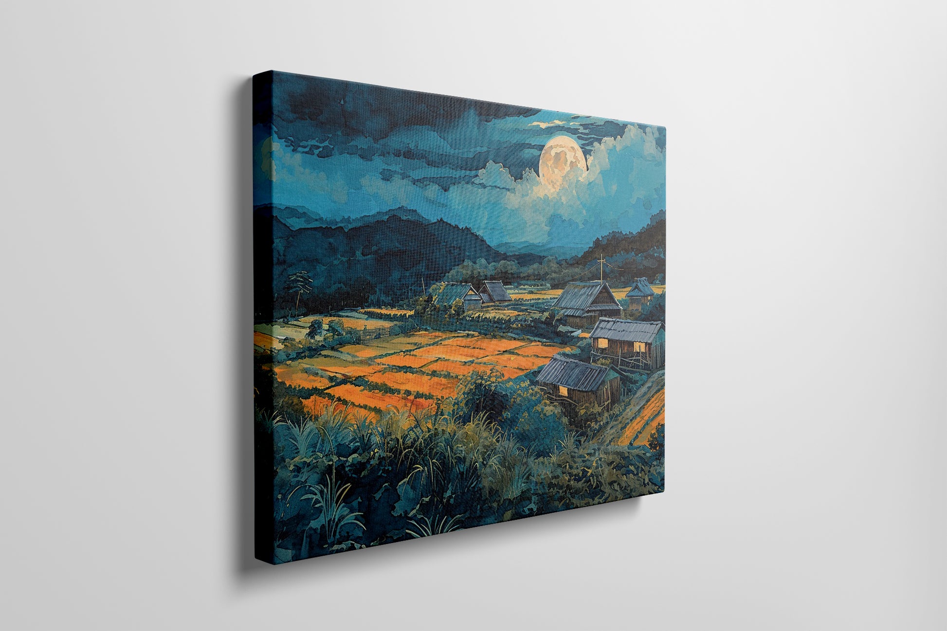 Framed canvas print of a moonlit countryside scene with vibrant fields and rustic homesteads