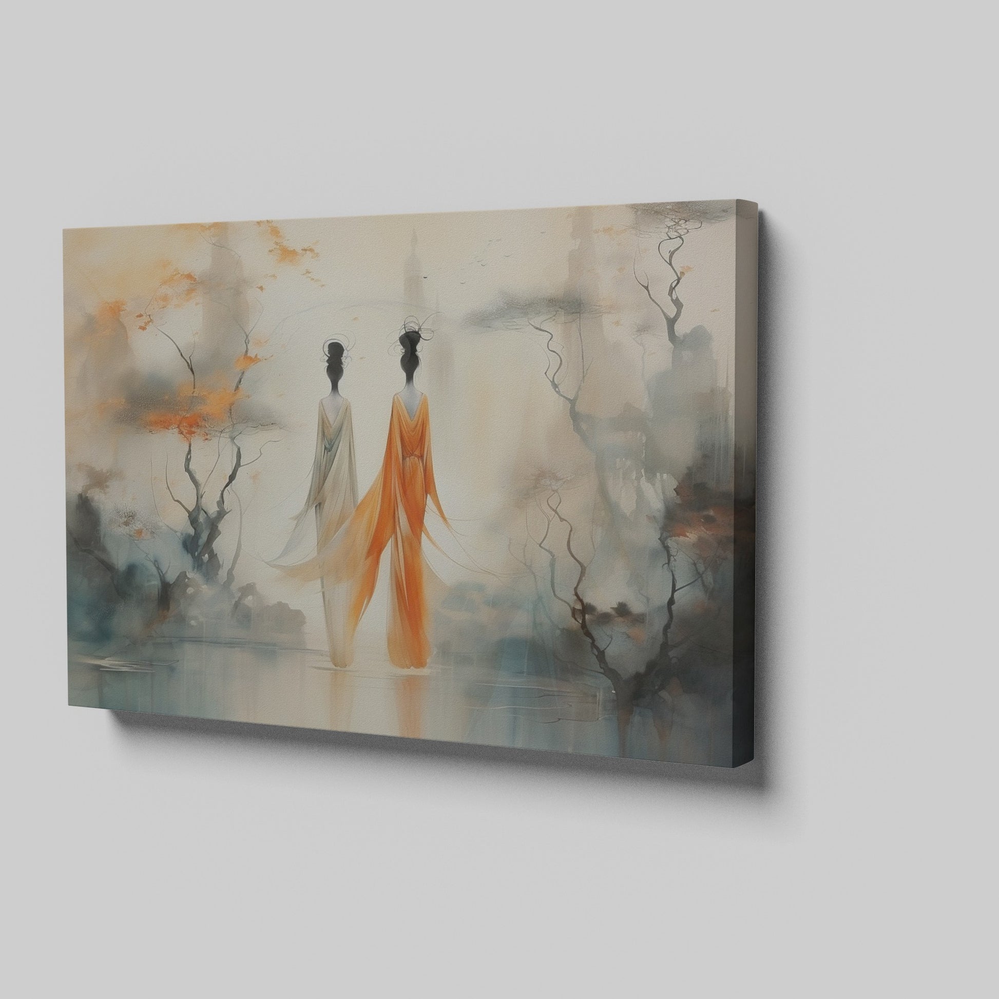 Framed canvas print of ethereal stylised women in a mystical, abstract landscape with orange and ivory tones