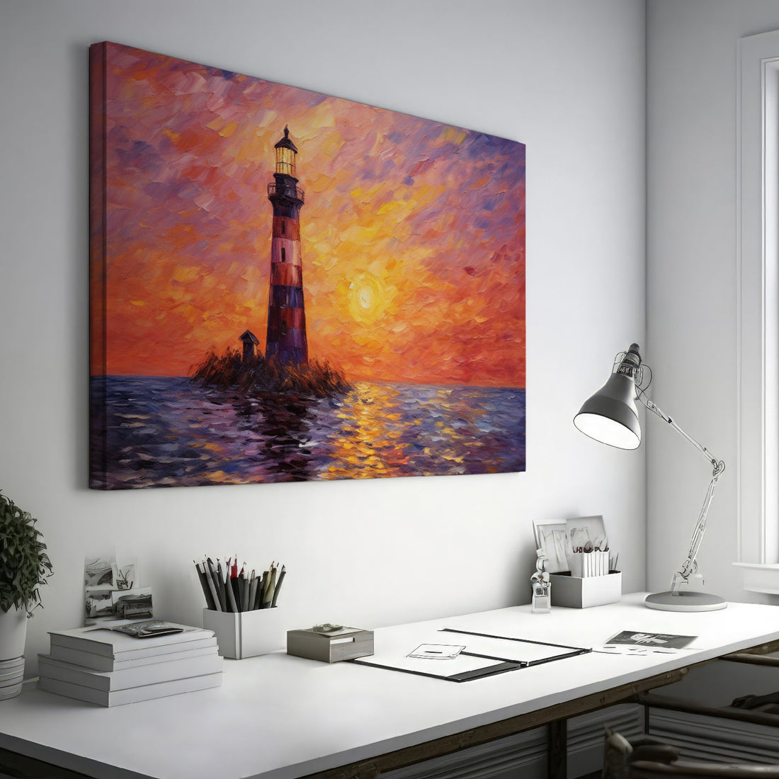 Impressionistic painting of a lighthouse at sunset with orange sky and blue sea