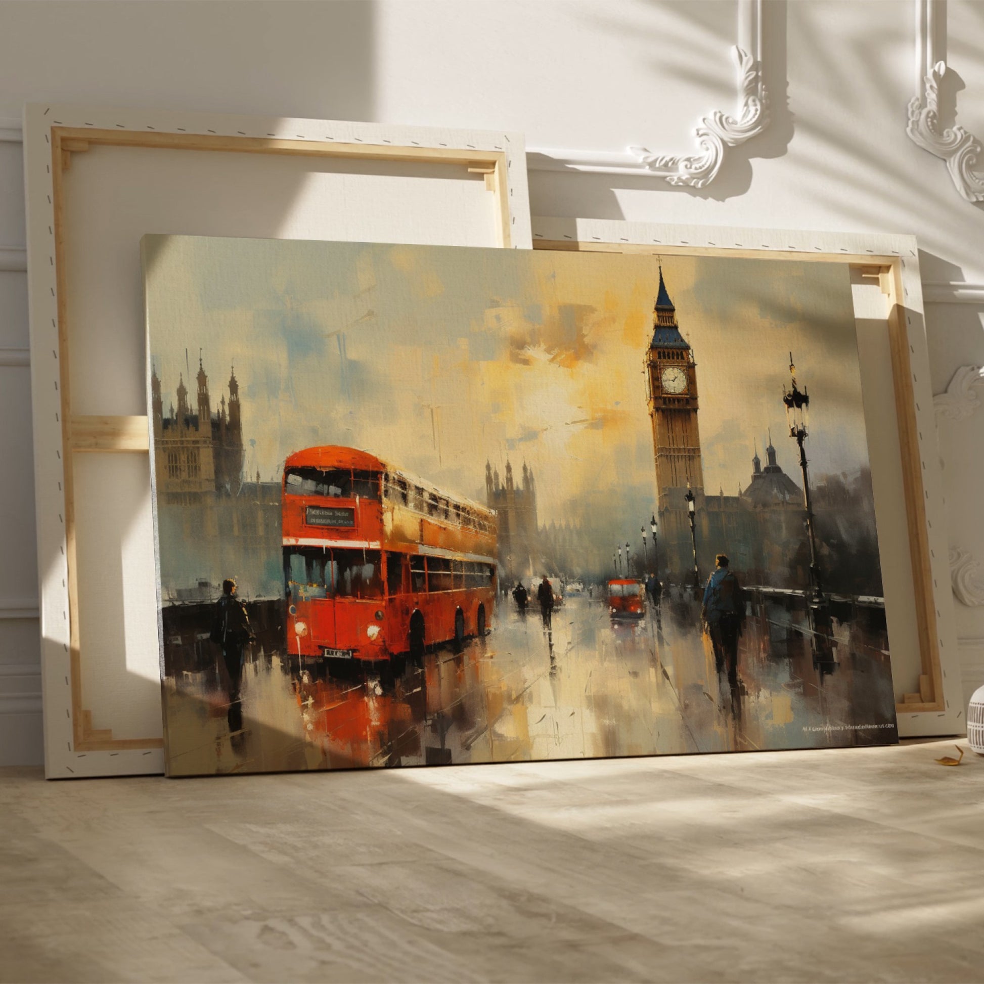 Framed canvas print of London with rain-swept Westminster, Big Ben, and a vintage red bus