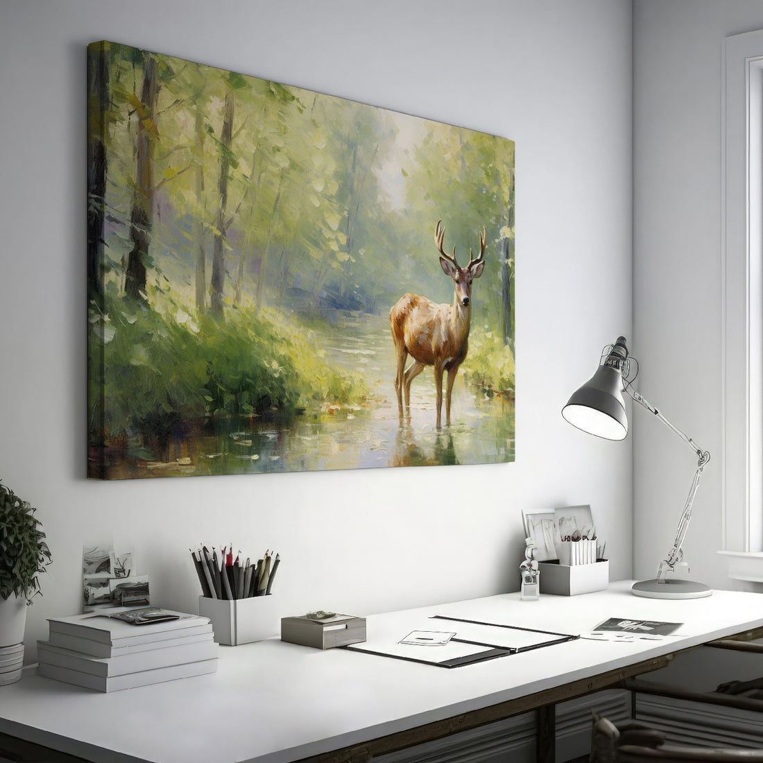 Framed canvas print depicting an impressionistic scene of a deer in a lush green forest with sunlight filtering through