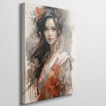 Abstract-impressionist portrait of a woman with brown hair and red accents on a canvas