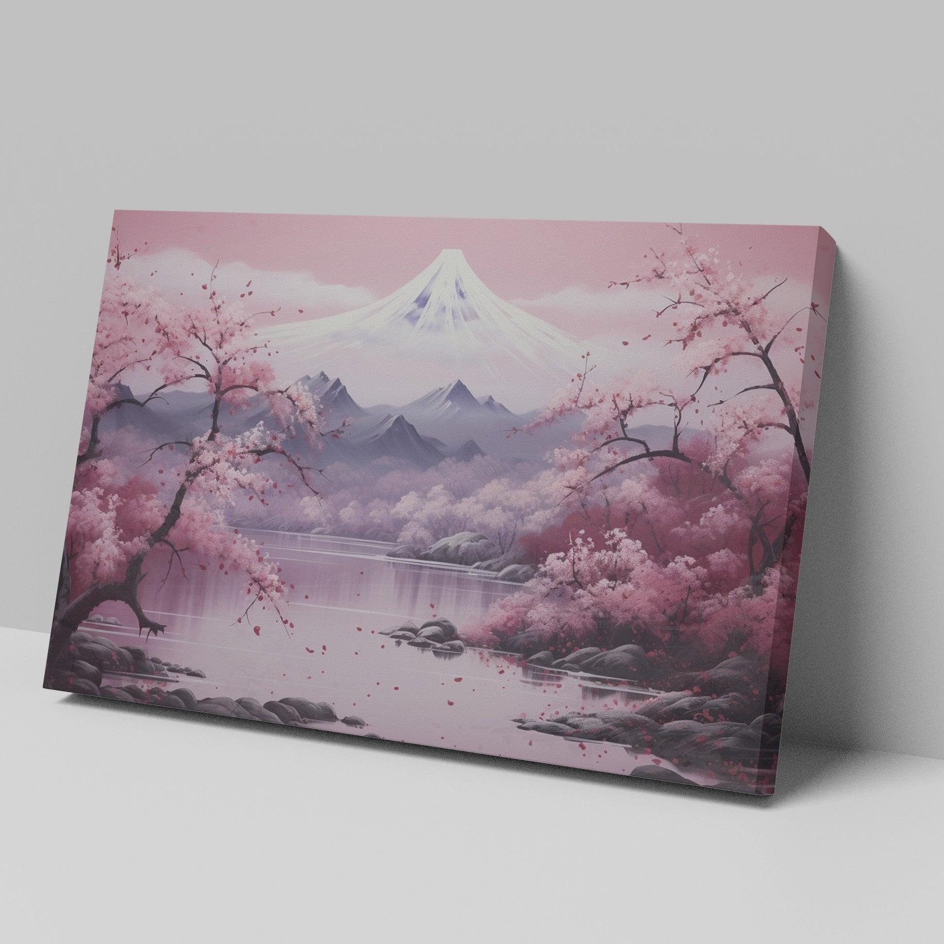 Framed canvas print of a serene pink cherry blossom scene with Mount Fuji in the background