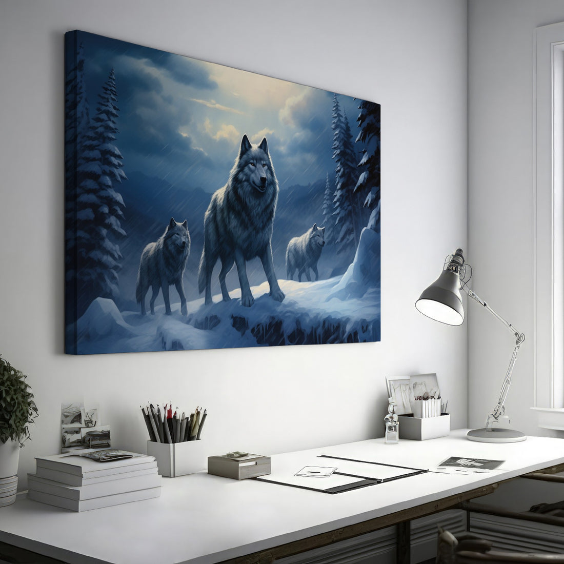 Framed canvas print of a wolf pack under a moonlit sky in a snowy forest