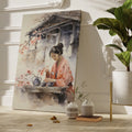 Framed canvas print of a Japanese tea ceremony with cherry blossoms and a woman in traditional attire