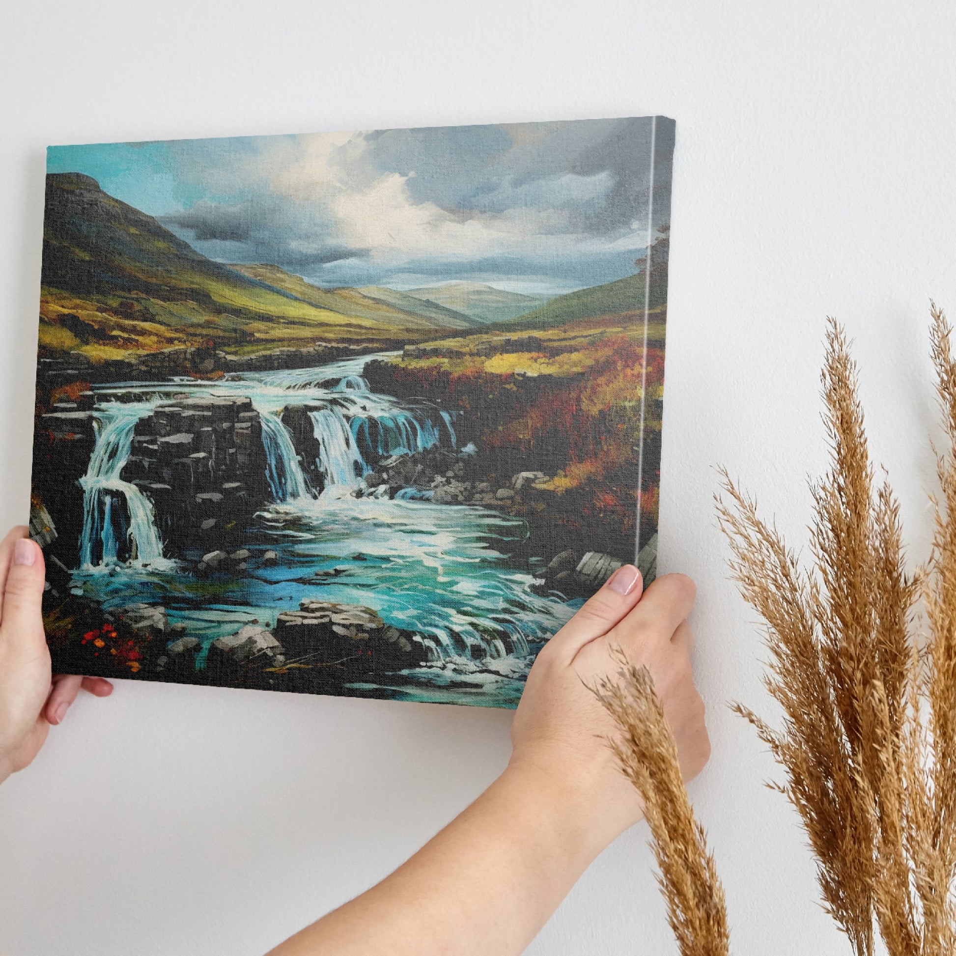 Framed canvas print of an autumnal waterfall landscape with vibrant colours and a dynamic sky