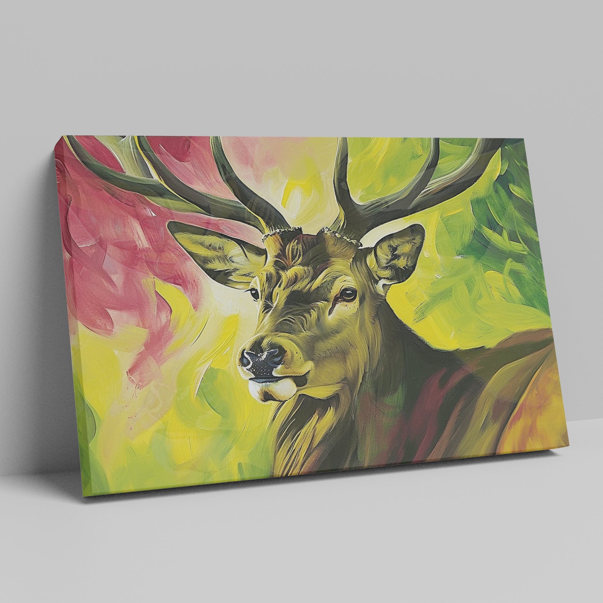 Framed canvas print of a vibrant stag painting with a multicoloured background