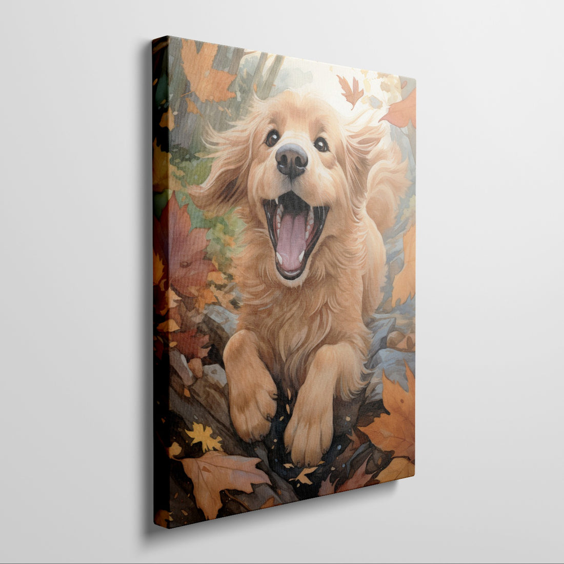 Framed canvas print of a joyful Golden Retriever surrounded by autumn leaves