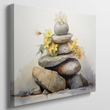 Framed canvas print of Zen rocks stacked with yellow flowers in watercolour