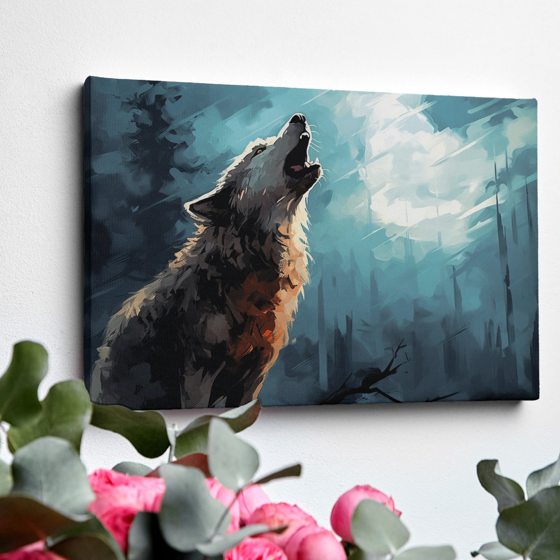 Framed canvas print of a majestic wolf howling in a mystical forest with striking blue and black tones