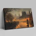 Framed canvas print of a gothic cityscape at twilight with warm glows and a shadowy figure