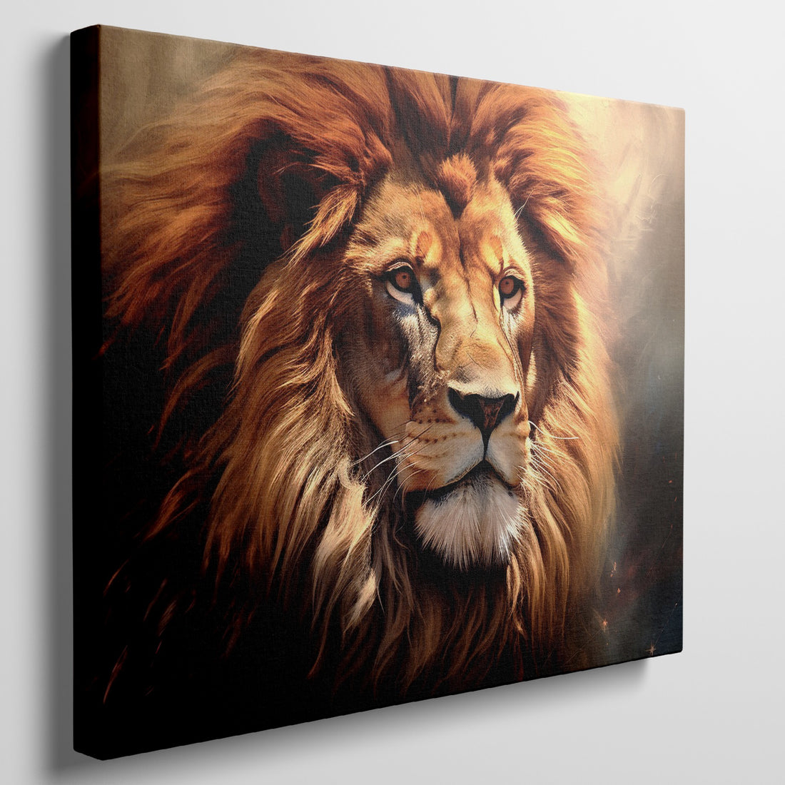 Framed canvas print of a resplendent lion with a fiery mane in earthy tones