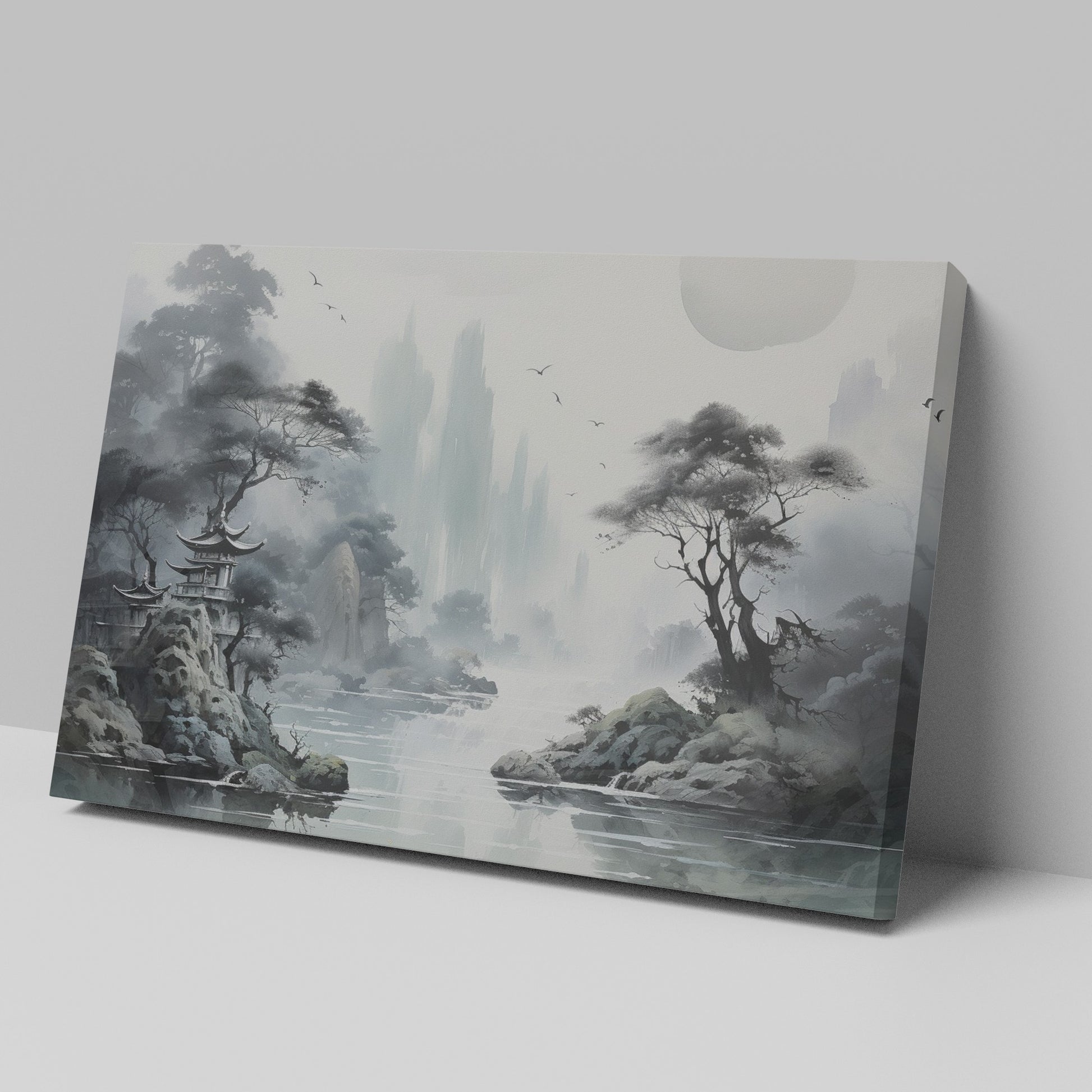 Framed canvas print of Oriental ink wash painting with misty mountains and pagoda