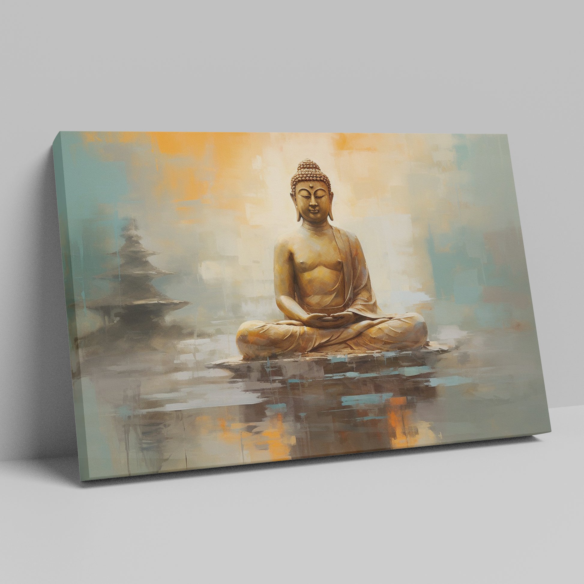 Framed canvas print of a serene Buddha in meditation with warm orange and soft blue abstract background