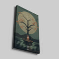 Framed canvas print of a tranquil tree with autumn leaves and glowing candle on a calm lake under a full moon