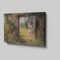 Framed canvas print of a vintage impressionist painting featuring a rustic doorway with blooming wildflowers leading to sunny countryside