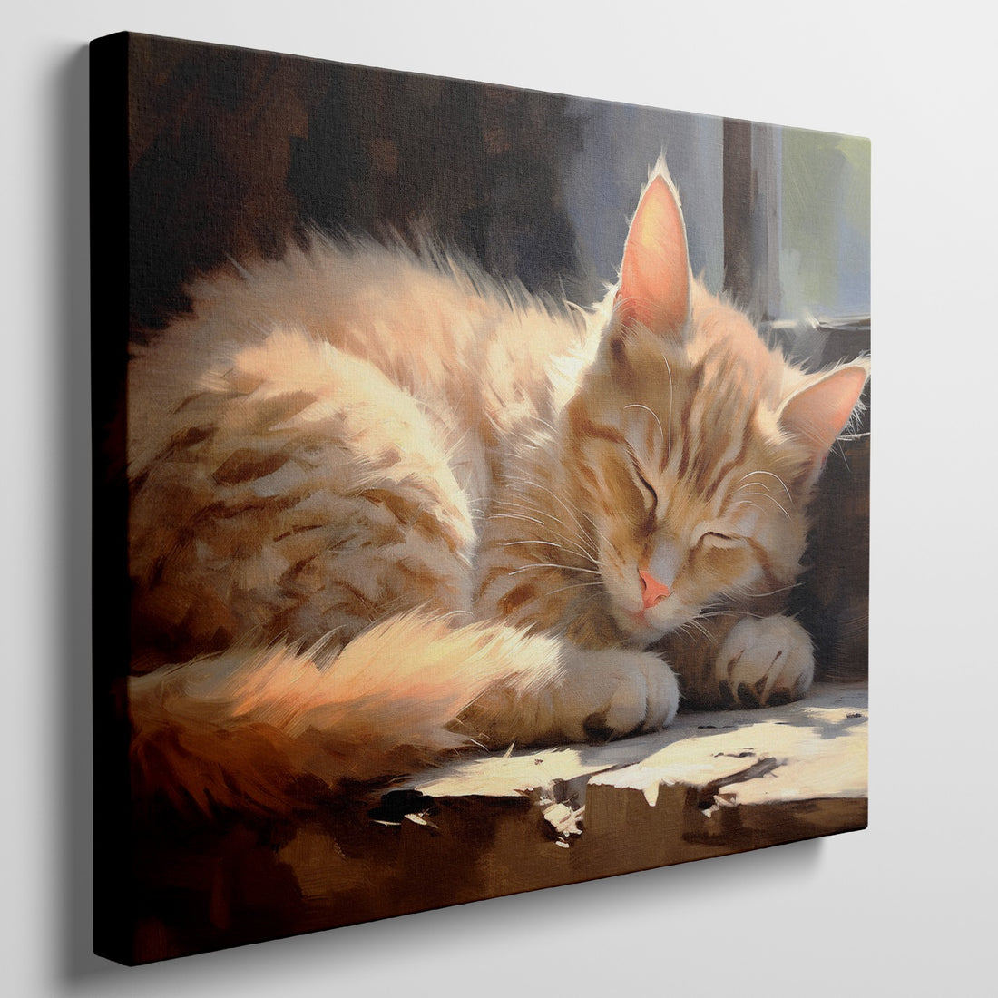 Framed canvas print of a realistic sleeping tabby cat in warm, sunlit tones