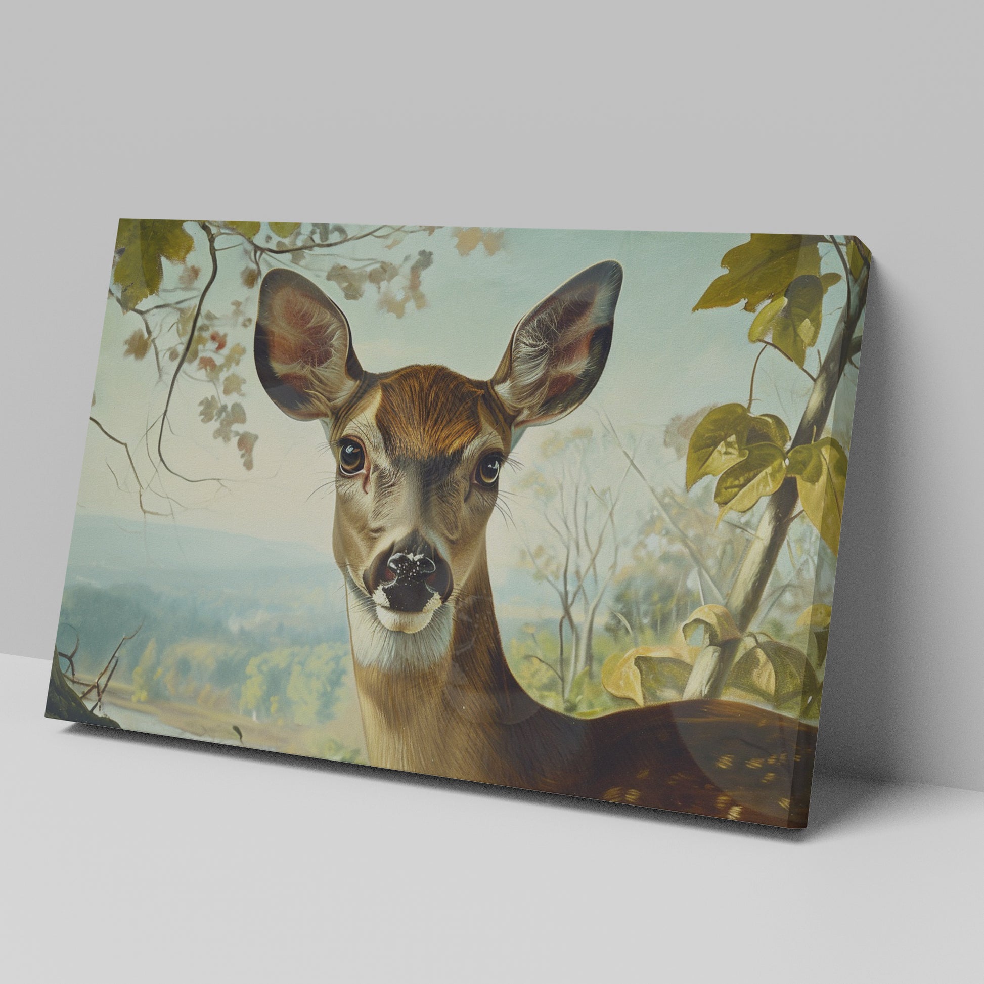 Framed canvas print of a realistic deer in a serene countryside setting with earthy tones