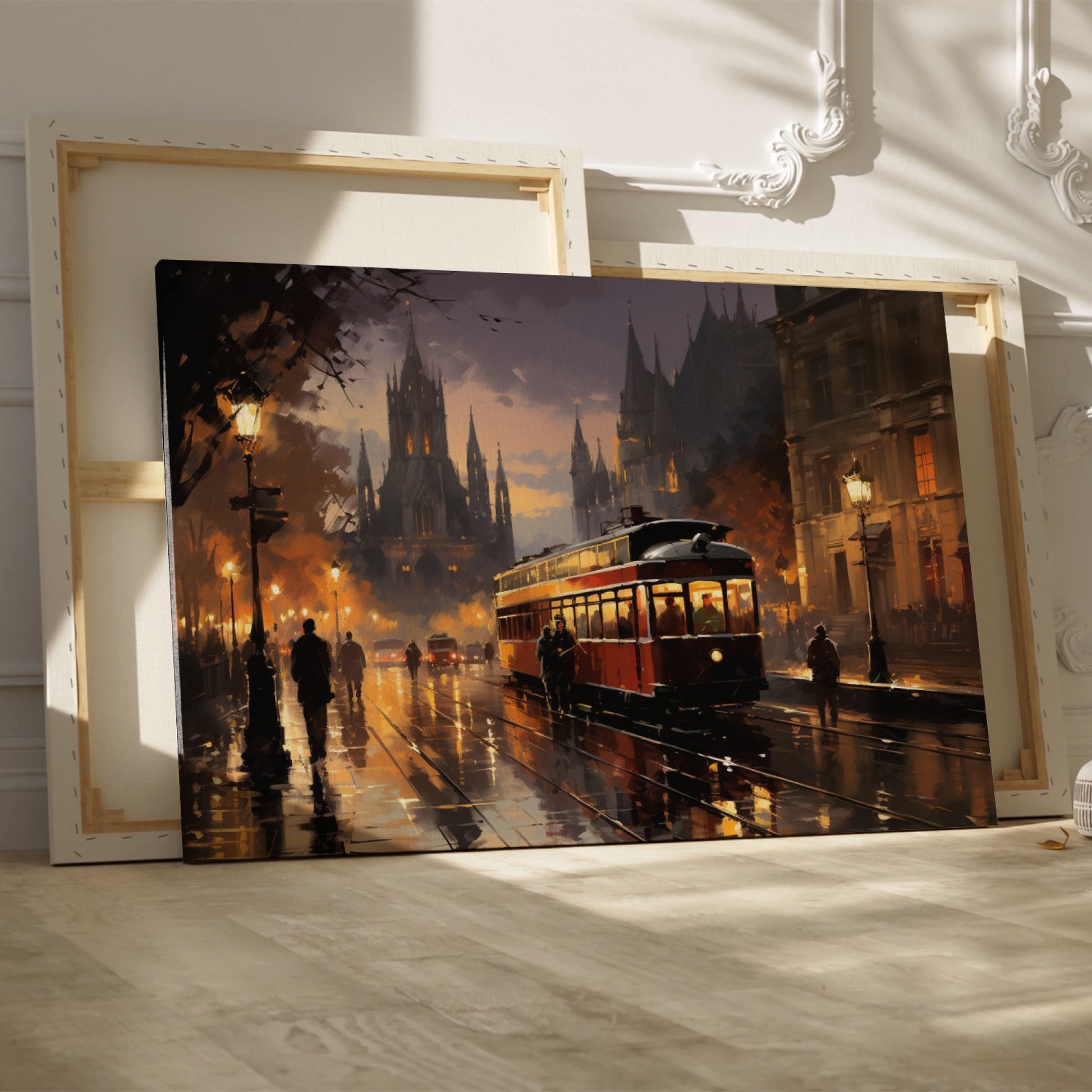 Framed canvas print of a vintage tram travelling through a city with majestic cathedral and warm evening lights reflected on wet streets