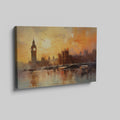 Framed canvas print of an impressionist painting featuring the London skyline with Big Ben at sunset