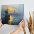 Impressionist Canvas Print of a Sailing Ship at Sunset with Golden and Blue Hues